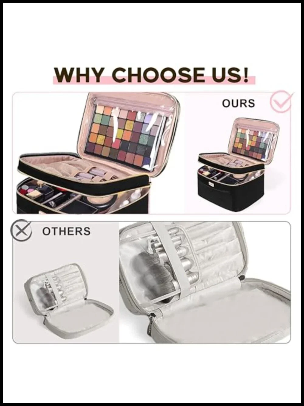 Large Travel Makeup Bag with Divider and Brush Holder